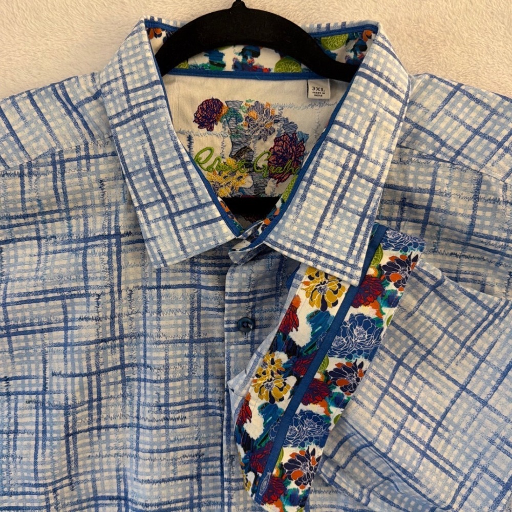 Robert Graham Mens 3XL Blue Crosshatch Grid Button Down Shirt Floral Cuff Cotton